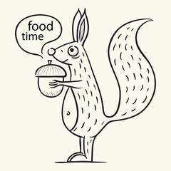 Food time. Funny squirrel is rubbing acorns in his hands. Black and white sketch vector illustration.