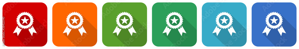 Aufkleber award icon set, flat design vector illustration in 6 colors options for webdesign and mobile applica