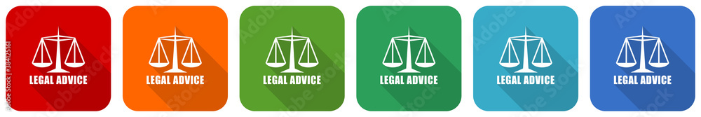 Poster Legal advice icon set, flat design vector illustration in 6 colors options for webdesign and mobile applications