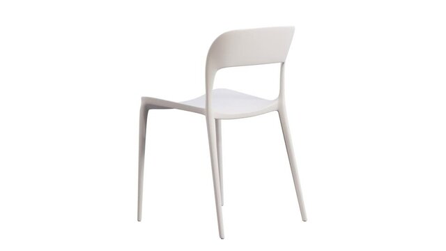 Circular animation of white plastic chair with thin legs. Curved mid-century chair on white background. Turntable 3d render