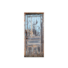 Old wooden door with blue peeling paint isolated