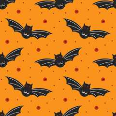 Black bats on orange background. Happy Halloween seamless pattern, texture. Packaging design. Flat cartoon vector.