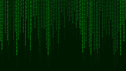 Green matrix background. Falling numbers on screen. Technology stream binary code. Digital vector illustration. Hacking concept.