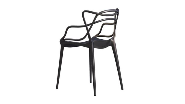 Circular animation of black plastic chair with thin legs. Curved mid-century chair with curved backrest on white background. 3d render