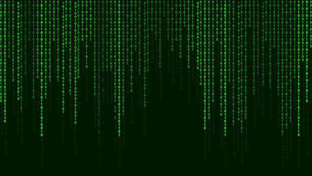 Green matrix background. Falling numbers on screen. Technology stream binary code. Digital vector illustration. Hacking concept.