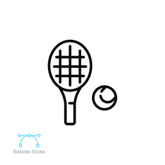 Racket and tennis ball, sport icon. Play Tennis game with racquet. Pictogram line style logo symbol for mobile app and website. editable stroke vector illustration. Design on white background. EPS 10