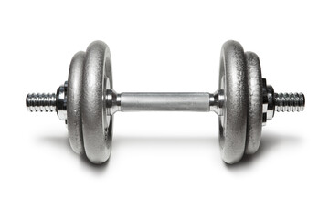 Obraz na płótnie Canvas Metal dumbbell for fitness with chrome silver handle isolated on white