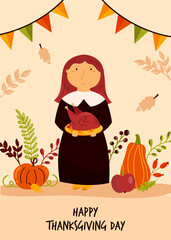 Thanksgiving Day greeting card with cute pilgrim girl holding roasted turkey.