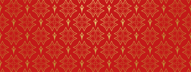 Stylish background. Gold pattern on a red background. Vintage. Wallpaper texture