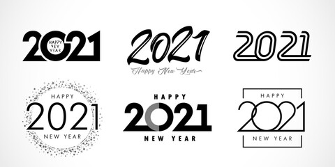 Big Set of 2021 Happy New Year logo text design. 20 & 21 number design template. Collection of 2021 Xmas symbols. Vector illustration with black labels isolated on white background