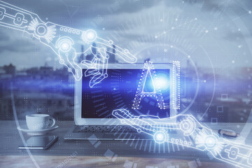 Double exposure of computer and technology theme hologram. Concept of freelance work.