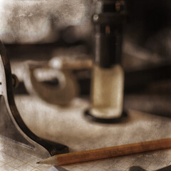 drawing tools, concept engineering project vintage / compass pencil paper education drafting
