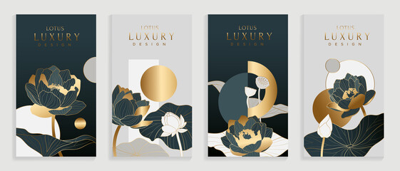 Luxury cover design template. Lotus line arts hand draw gold lotus flower and leaves. Design for packaging design, social media post, cover, banner, creative post, Gold geometric pattern design vector
