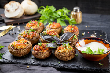 Baked stuffed mushrooms on a black slate plate with sauce close-up