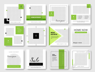 Social media post template collection with green accent. Square graphic banners for online advertisement and digital marketing. Editable real estate designs for agents - obrazy, fototapety, plakaty
