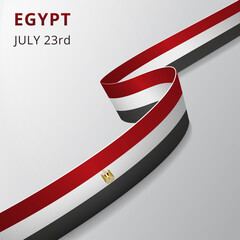 Flag of Egypt. 23rd of july. Vector illustration. Wavy ribbon on gray background. Independence day. National symbol. Coat of arms. Eagle of Saladin.