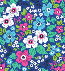 Trendy seamless vector floral pattern. Endless print made of small white and pink flowers. Summer and spring motifs. Blue background. Vector illustration.