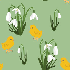 Seamless vector easter illustration with snowdrops and chickens