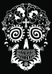 Mexican holiday Day of the Dead Celebration Festival and Halloween. Sugar skull  for poster, card, print, emblem, sign, tattoo, t-shirt. background. .  Black and white vector illustration 

