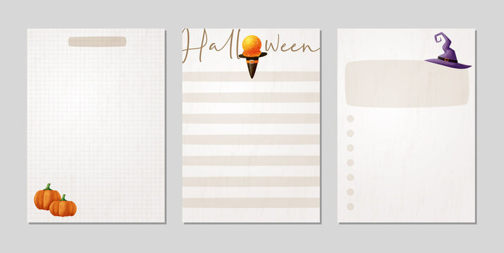 Set of Halloween planners and to do list with pumpkin, ice cream and witch hat illustrations. Template for agenda, schedule, planners, checklists, notebooks, cards and other stationery
