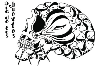 Mexican holiday Day of the Dead Celebration Festival and Halloween. Sugar skull  for poster, card, print, emblem, sign, tattoo, t-shirt. background. .  Black and white vector illustration 

