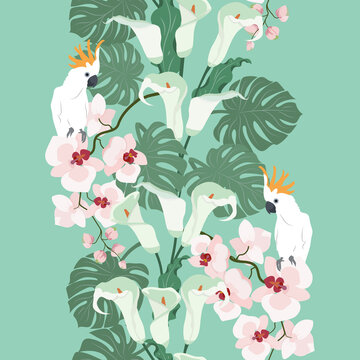 Seamless incredibly beautiful, juicy, bright, vector pattern with gentle tropical flowers - calla lilies, orchids and parrots.