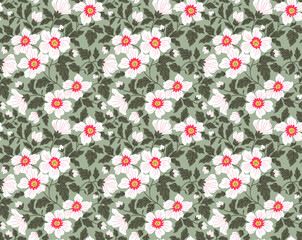 Vintage floral background. Seamless vector pattern for design and fashion prints. Flowers pattern with small white flowers on a light green background. Liberty style.