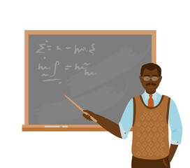 African american professor or teacher near blackboard with pointer. Black man in shirt with tie in waist coat. Character design. Flat cartoon vector illustration.