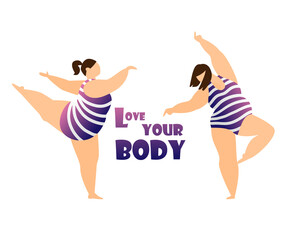 Love your body and body positive concept. Plus size women dancing in swimsuits. Vector illustration.