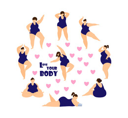 Love your body and body positive concept. Plus size women in different poses in swimsuits. Dancing, sitting, reading, observing, meditating. Vector illustration.