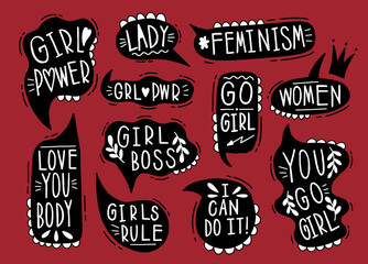 Fototapeta premium Collection hand drawn communicate feminism speech. Design element slogan doodle business message.