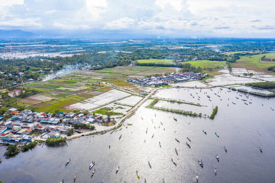 Aerial view of boats in Tam Giang lagoon, near Hue city, Vietnam.