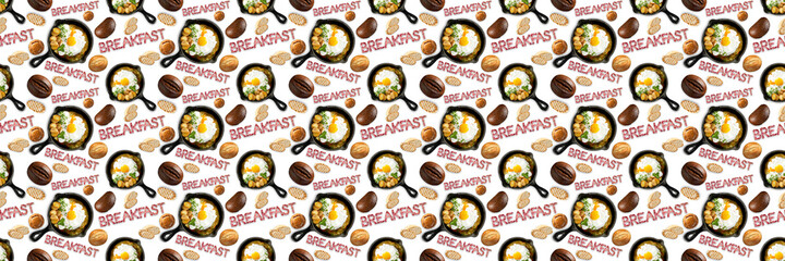 Seamless pattern fried eggs in a frying pan, different types of bread. Delicious and hearty breakfast. White isolated background. Concept for printing and design.
