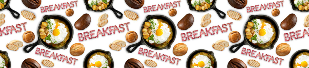 Seamless pattern fried eggs in a frying pan, different types of bread. Delicious and hearty breakfast. White isolated background. Concept for printing and design.