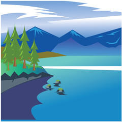 landscape illustration of mountains and sea of ​​trees. with colorful vector design background