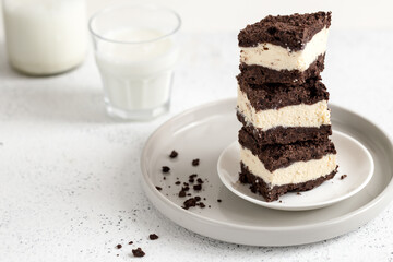 Royal cheesecake with with chocolate crumbs. homemade cottage cheese dessert with chocolate dough
