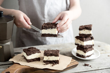 Royal cheesecake with with chocolate crumbs. homemade cottage cheese dessert with chocolate dough