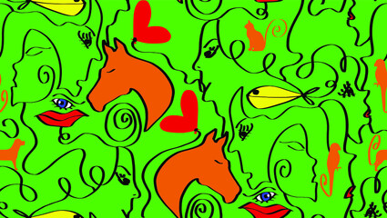 Obraz premium Abstract One Line Drawing Mix Animals Hearts Lips Eyes and Woman Faces Repeating Vector Pattern Isolated Background