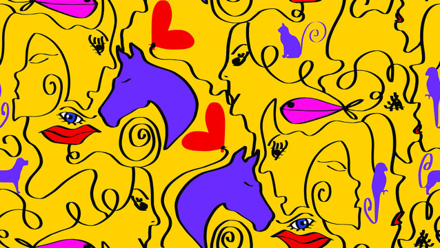 Abstract One Line Drawing Mix Animals Hearts Lips Eyes and Woman Faces Repeating Vector Pattern Isolated Background © Didem