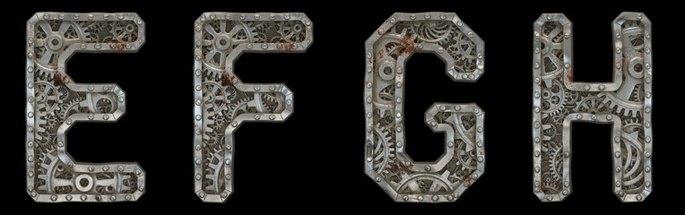 Mechanical alphabet made from rivet metal with gears on black background. Set of letters E, F, G, H. 3D