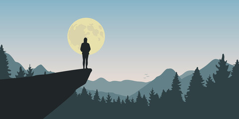 lonely girl on a cliff looks to the full moon at nature landscape vector illustration EPS10