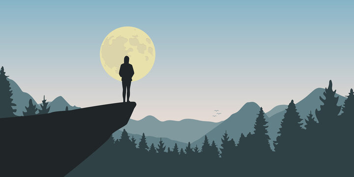 lonely girl on a cliff looks to the full moon at nature landscape vector illustration EPS10