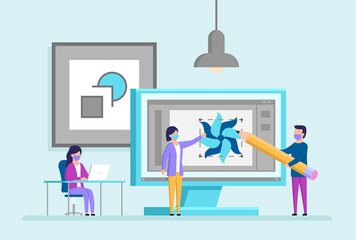 Creativity, Graphic Design Services Concept. Male And Female Characters Work At The Design Studio Creating Visual Concepts Using Computer Software Or By Hand. Cartoon Flat Style Vector Illustration