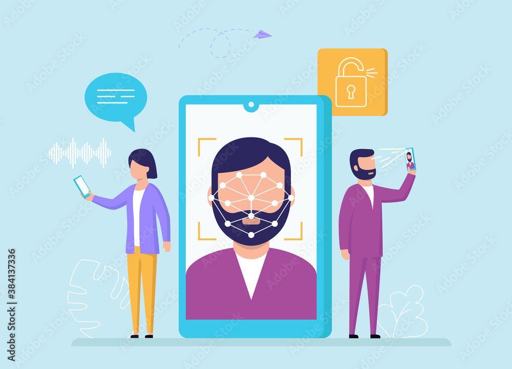 Fototapete face recognition, device unlock concept. cartoon characters use face identificaton on smartphone or 
