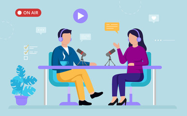 Radio, TV Or Internet Broadcasting, Live, On Air Personality Interview Concept. Female Character Interviewing Male Guest On Air In The Studio. Colorful Cartoon Simple Flat Style Vector Illustration