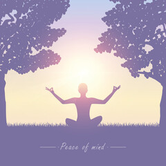 meditating person on summer meadow at sunshine vector illustration EPS10
