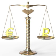 Euro EUR symbol and Ruble sign on golden balance scales, forex parity conceptual 3d rendering