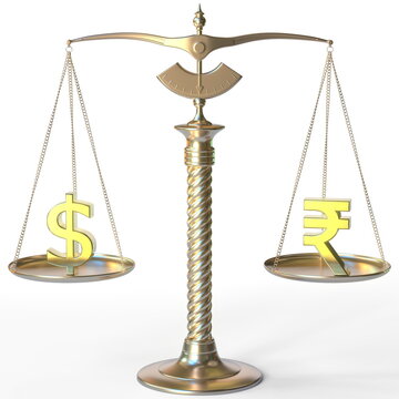 Dollar USD symbol and Rupee sign on golden balance scales, forex parity conceptual 3d rendering
