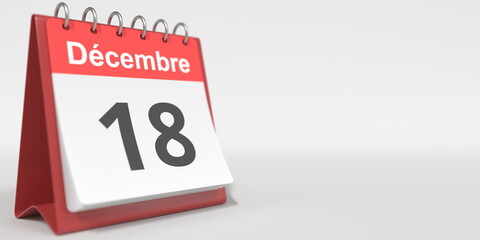 December 18 date written in French on the flip calendar page, 3d rendering