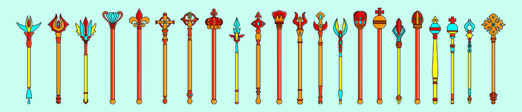 set of scepter. symbol of monarchy design template with various models. vector illustration isolated on blue background